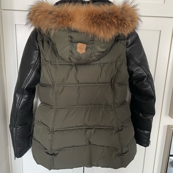 Olive Green Down puffer with black Leather sleeves and detachable fur hood. - Picture 4 of 9